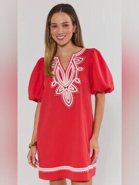 Avara Roxanne Red Embroidered Short Dress is a vibrant, boho-chic mini dress